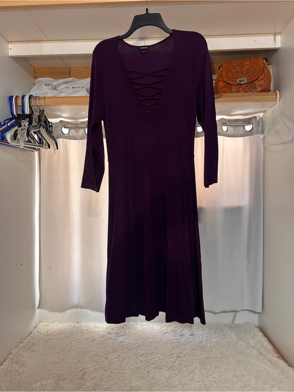 torrid Plum Lace-Up V-Neck Long Sleeve Midi Dress